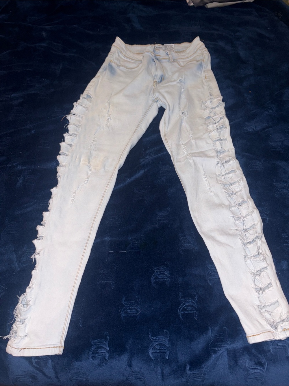 Women’s Skinny Distressed Side-Ruched Jeans - White